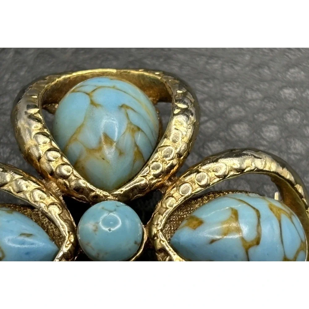 Vintage Art Glass Marbled Faux Turquoise Cabochon Cross Gold Tone Brooch Pin